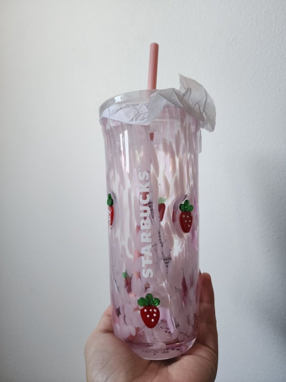 Starbucks pink drink strawberry print 16oz glass cup NWT